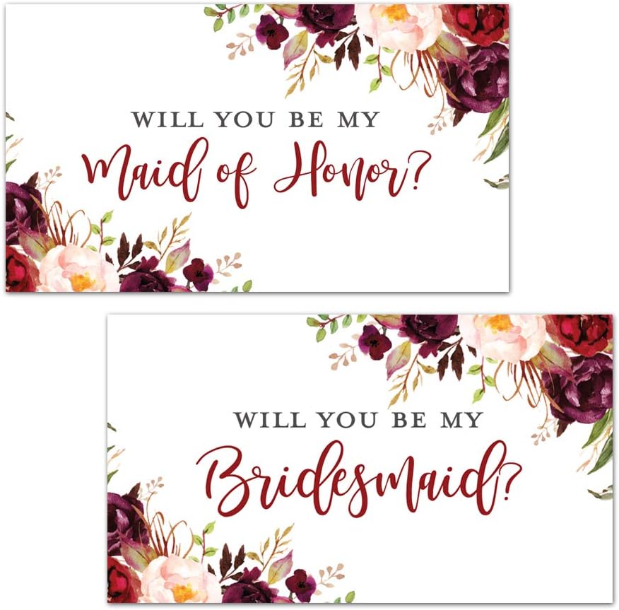 Burgundy Floral Bridesmaid Proposal Mini Champagne Bottle Labels - Set of 12