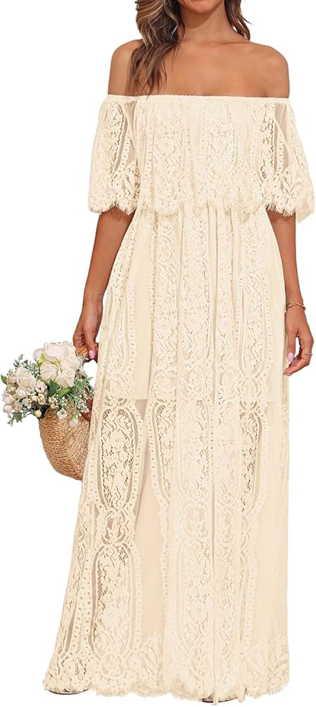 Holipick Women's Off Shoulder Lace Maxi Dress Boho Wedding Guest