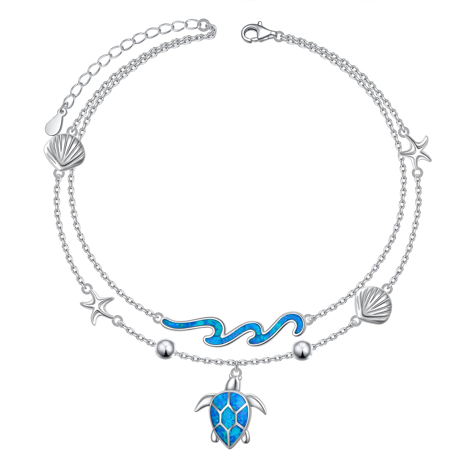 Ladytree 925 Sterling Silver Turtle Starfish Ocean Wave Anklet for Women Adjustable 9+2 Inch Beach Shell Ankle Jewelry with Created Blue Opal