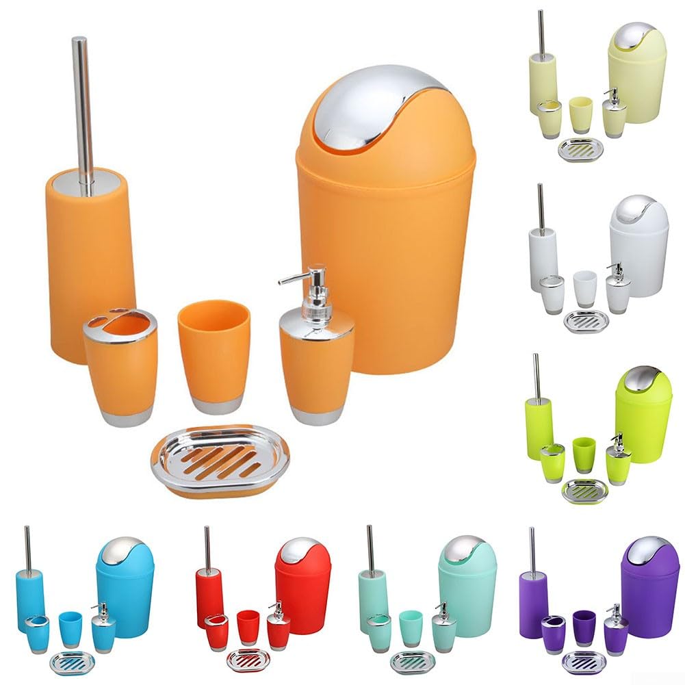 Juego de accesorios de baño de plástico, botellas de loción para baño, soporte para cepillo de dientes, taza de dientes, jabonera, cepillo de inodoro, basura (naranja)