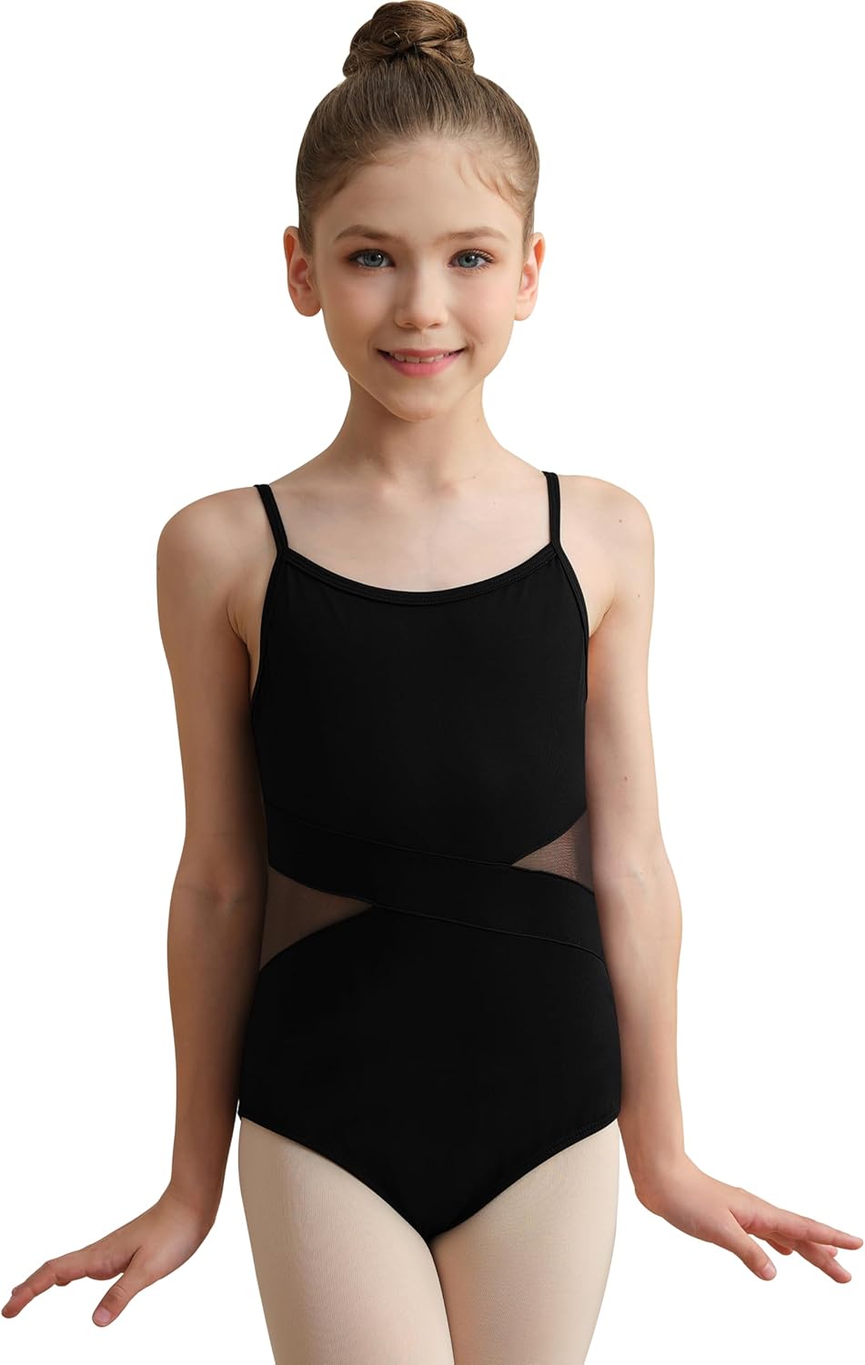 Girls Black Mesh Leotard for Dance Short Sleeve Ballet Outfit, Hollow Back, Waist splicing - Image 3