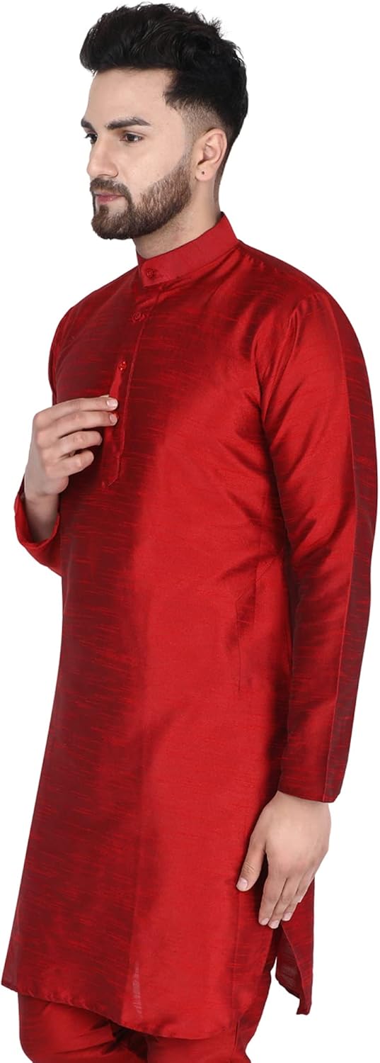 SKAVIJ Men's Art Silk Long Shirt Indian Casual Kurta Party Wear Outfit - Image 5