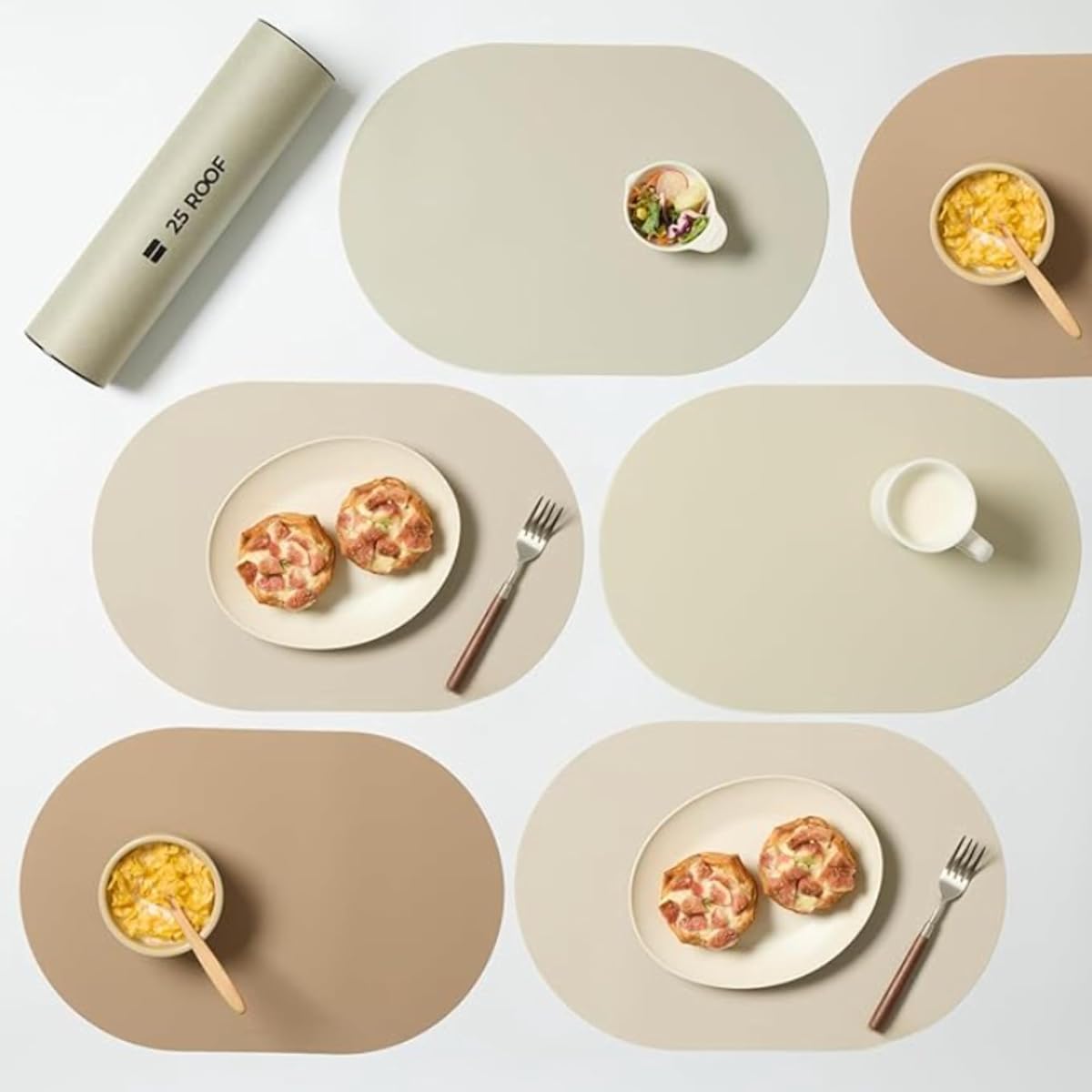 Oval Silicone Placemats – Heat Resistant, Waterproof, Easy to Clean Non-Slip Modern Dining Table Mats – Premium Leather Textured Japandi Kitchen Decor (6, Beige Combo, Without Coasters)