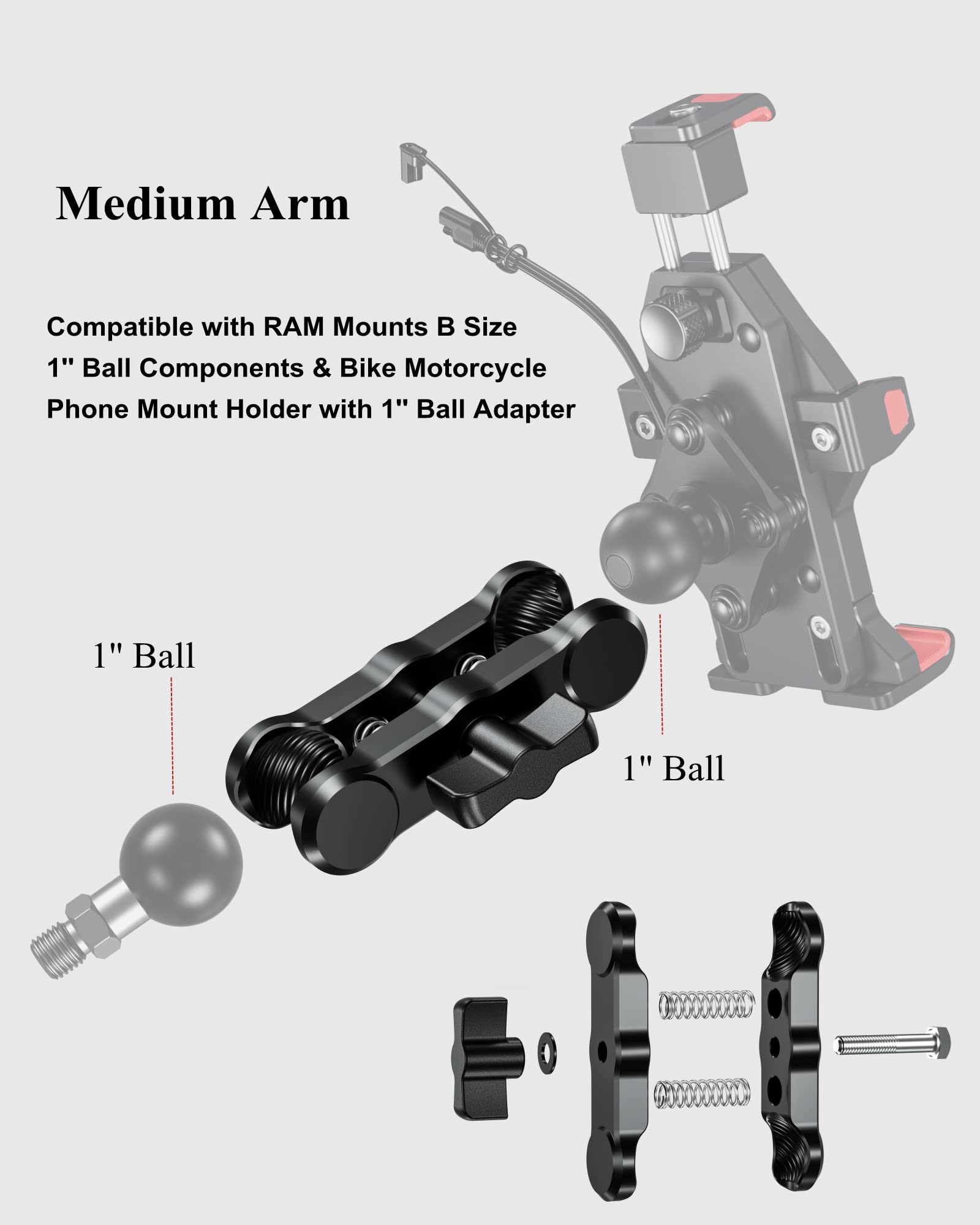 BRCOVAN Anti-Theft Aluminum Alloy Double Socket Arm Compatible With RAM Mounts B Size 1 Ball