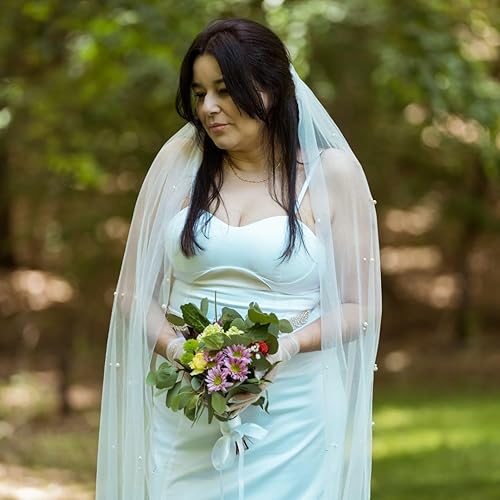 Miniatura 2 de Bambi Elegant Bridal Cathedral Veil with Artificial Pearl Design - White, 118.1 inches Long