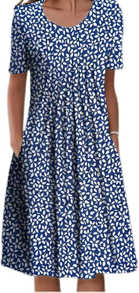 Short Sleeve Knee Length Dress Women Summer Casual T-Shirt Dress Swing Flowy A Line Midi Dress with Pockets