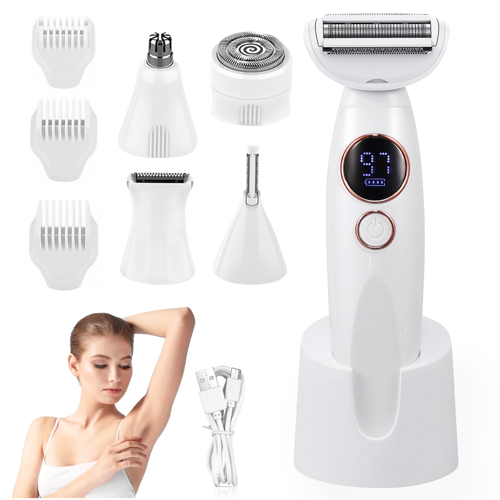 Rasoio elettrico da donna 5 in 1 rasoio intimo da donna IPX7 impermeabile per rasatura bagnata e asciutta, ricaricabile con USB, trimmer per zona bikini, ascelle, gambe e viso