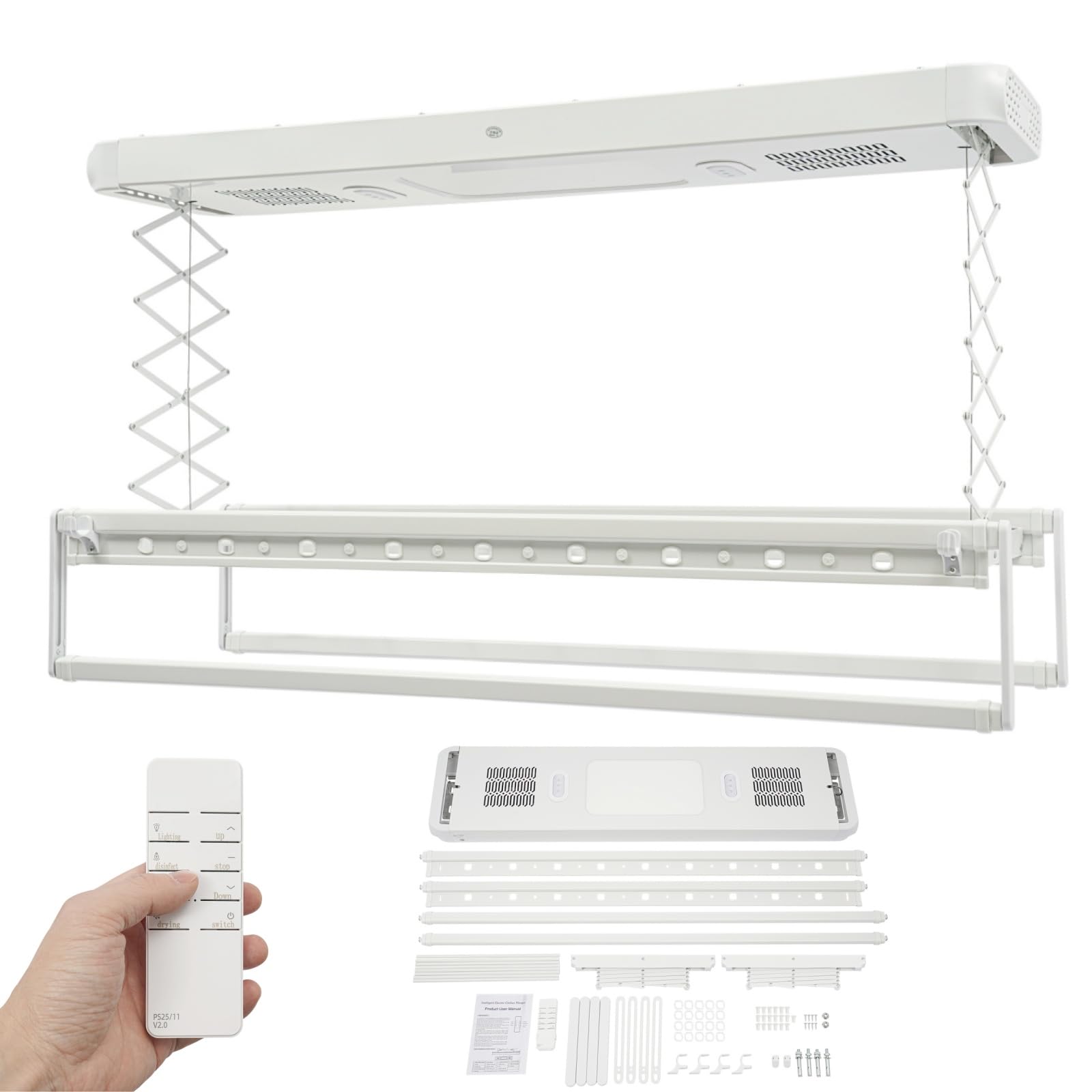 Séchoir à linge électrique pour montage au plafond, mural et au plafond avec ventilateur + télécommande + stérilisation à lumière bleue, étendoir à linge élévant, plafond, 130 à 215 cm, réglable