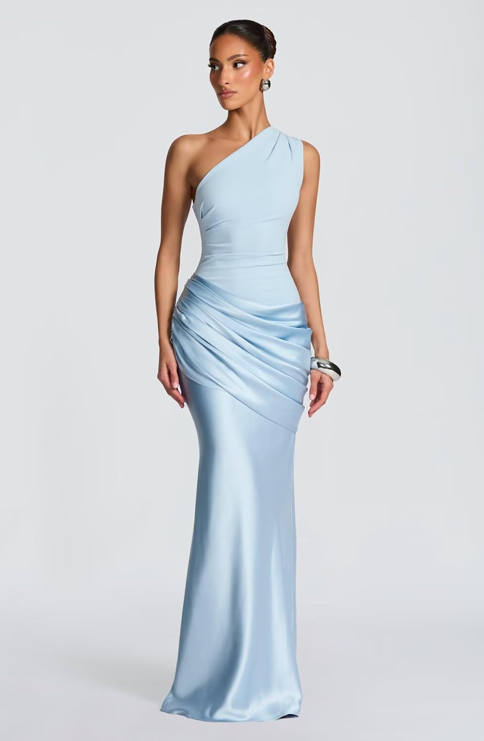 UZN One Shoulder Satin Prom Dresses for Women Long Formal Bridesmaid Dress Maxi Ruched Bodycon Party Gown - Image 2