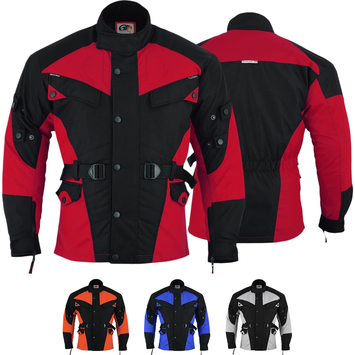 German Wear Herren Motorradjacke aus Textil mit 4 CE-Protektoren - Winddicht Lange Jacke mit Kombizipper aus 4 Schichten - Abnehmbar & Washbar Thermofutter - 8 Taschen protektorenjacke Rot - 46