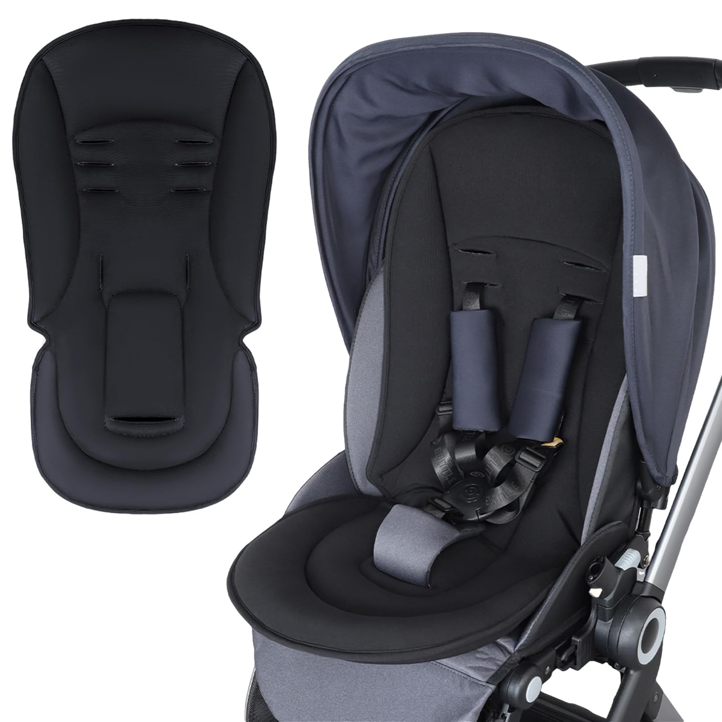 Stroller Seat Liner, Cotton Stroller Cushion for Kinderkraft Grande Plus Pushchair, Breathable and Soft Newborn Stroller pad, Toddler Seat Mat, 38x78cm (1 Pack, Black)
