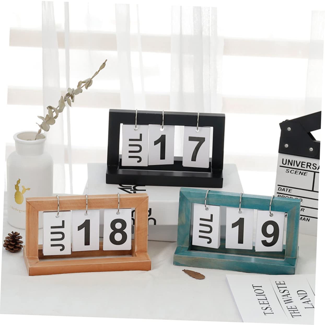 3St Bürokalender tischkalender bürodeko Wohnkultur home decor büro zubehör bürogadges blaue Desktop-Kalender kreativer Kalender Heimkalender Kalender aus Holz Bambus Blue