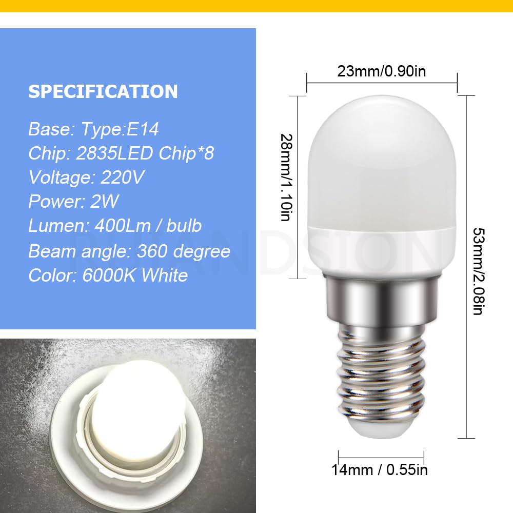 Ruiandsion Lampadina LED E14 SES 220V 2W 400LM, per cappa da cucina, forno e microonde, luce a 360°, non dimmerabile, 6000K bianco freddo, elevata luminosità, confezione da 10 pezzi