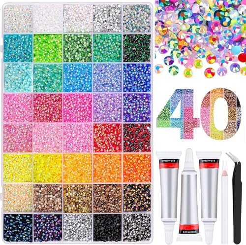 40 Colors 32000Pcs Resin Jelly Rhinestones for Bedazzling Multicolor 3mm Flatback Gems for Diamond Art Bedazzler Kit with 3Pcs 10ml B7000 Jewelry Glue for Nail Art Crafting Book Makeup