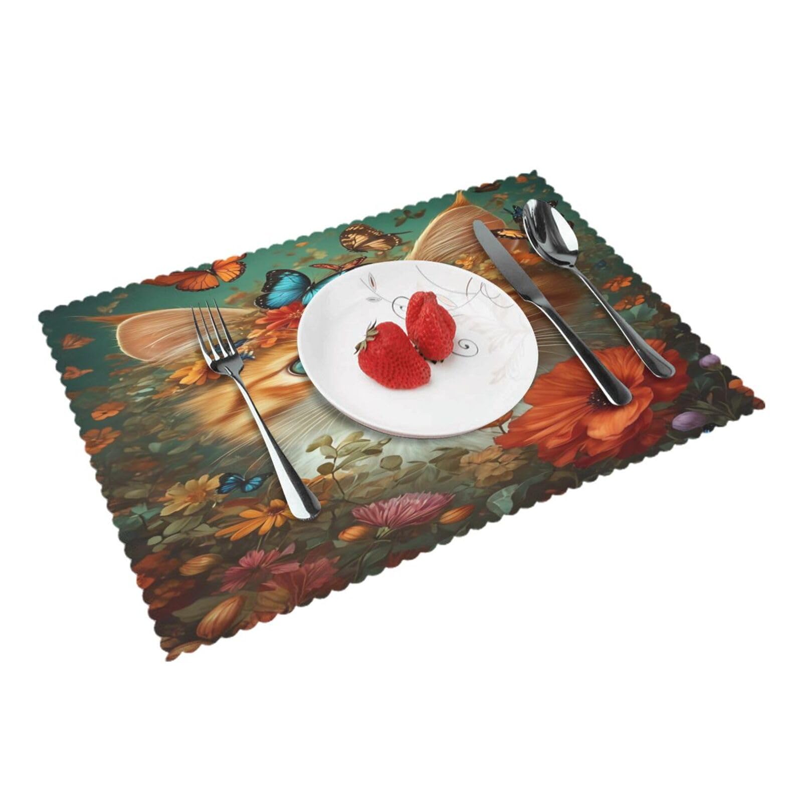 Floral Cat Butterflies (2) Placemats Set of 4 Print Table Mats Place Mats Table Decor for Kitchen Dining 12X18 in