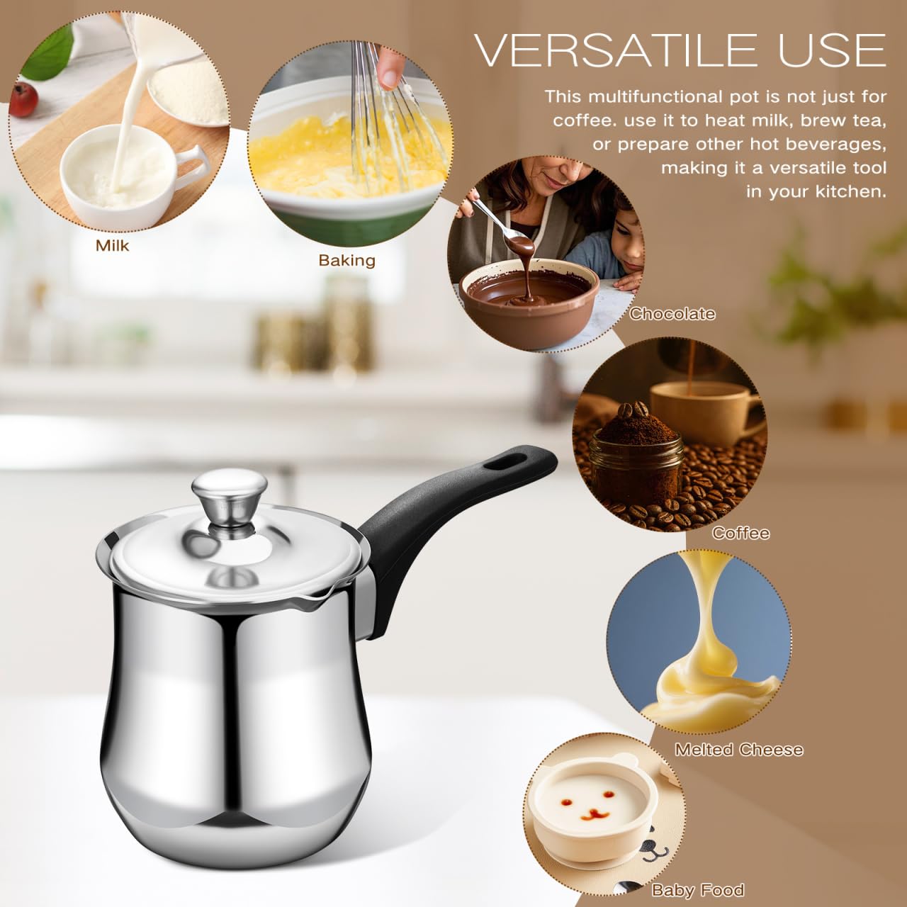 ULTECHNOVO türkische kaffeekanne mit deckel 360ml, türkischer kaffeekocher aus edelstahl, Cezve Mokka kaffeekännchen edelstahl mit ergonomischem Griff, milchtopf mit ausgießer für Herd, Silber
