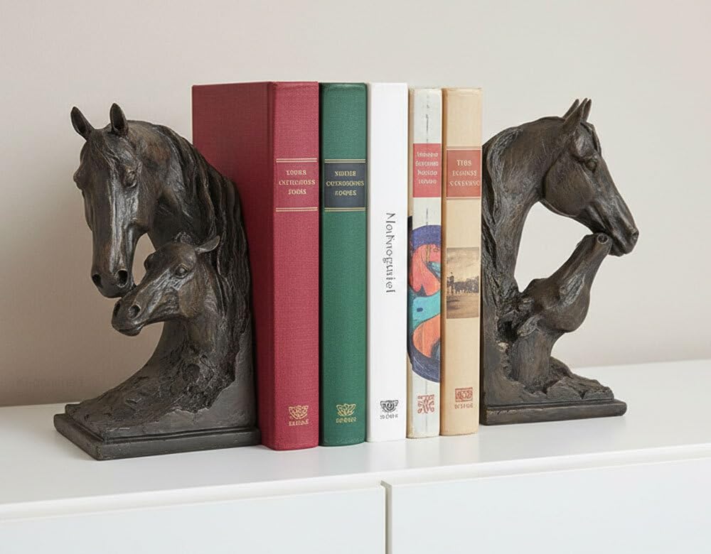 Buchstütze Pferd mit Fohlen 2 Stück Buchständer Kunstguss Antik-Stil