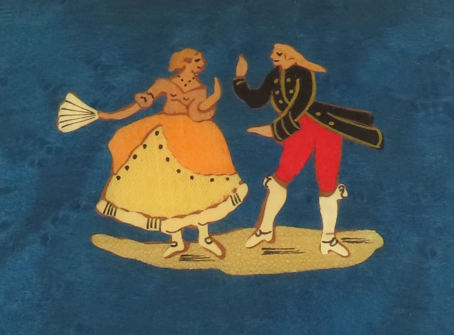 Caja de música para joyas / joyero musical de madera teñida de azul con marquetería bailarines y mecanismo musical de resorte de 18 notas - Over the rainbow - El mago de Oz (Harold Arlen)