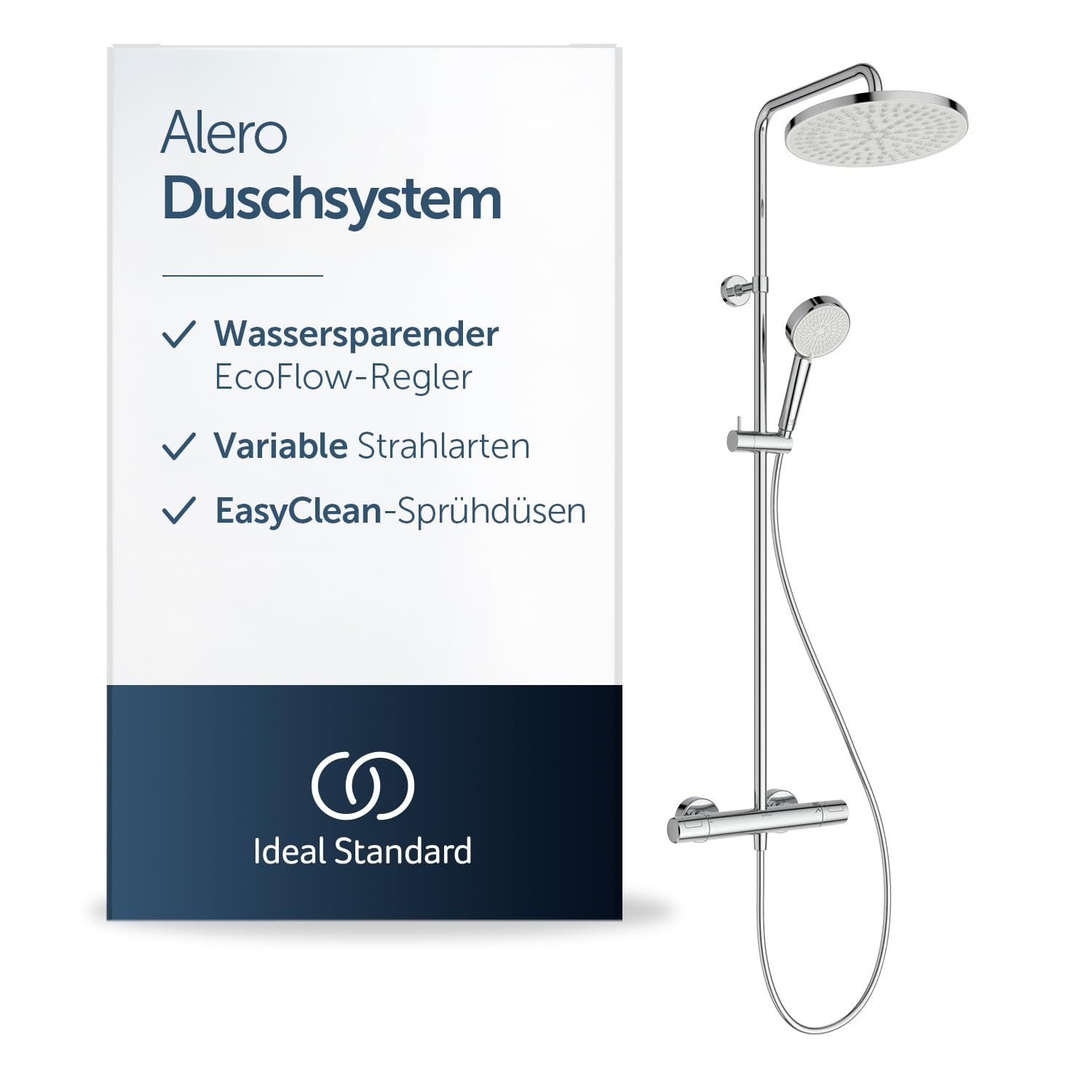 Ideal Standard Alero Duschsystem mit Thermostat – Chrom | Wassersparendes Brause-Set mit Thermostat, Handbrause mit zwei Strahlarten (Massage & Sanfter Regen), A8574AA