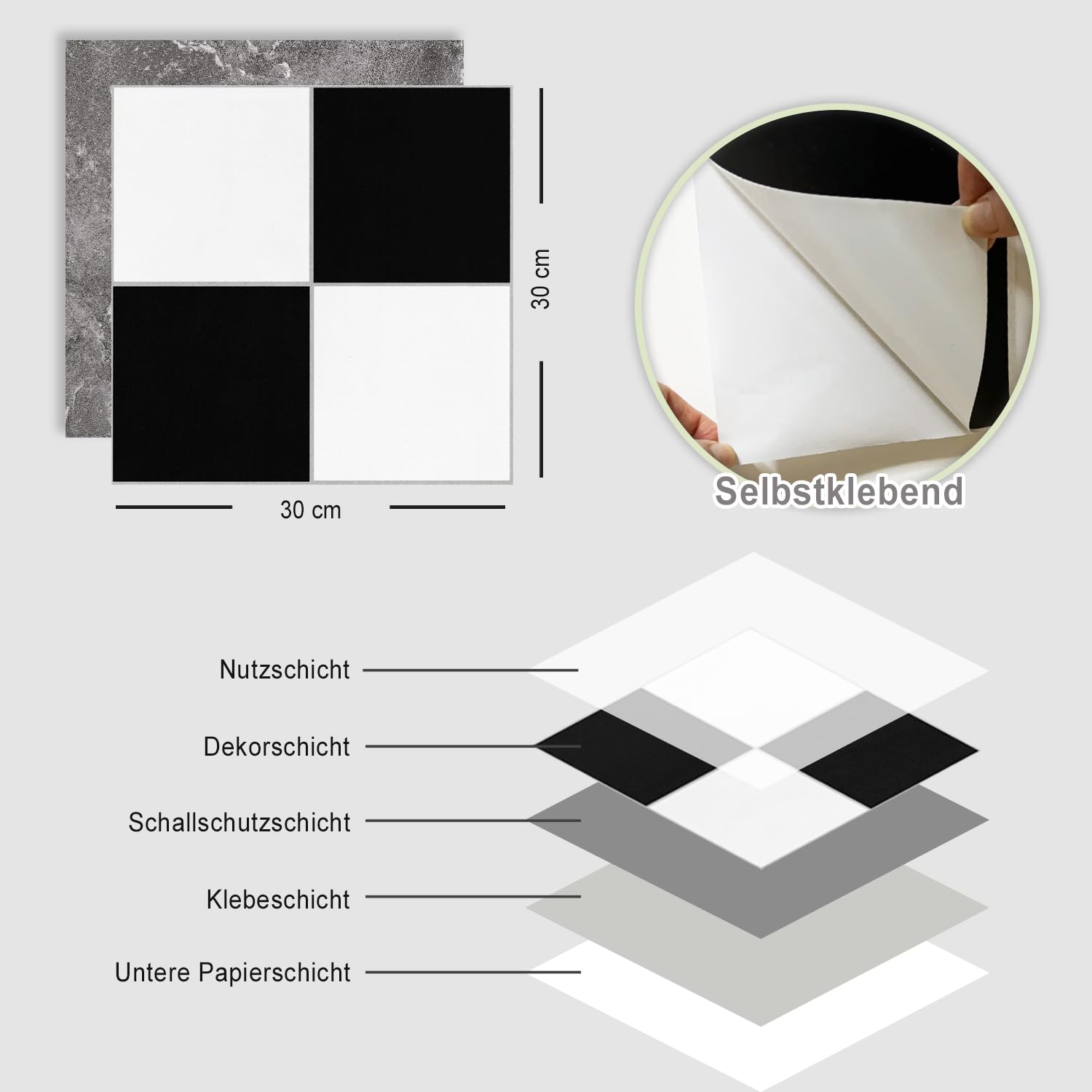 Selbstklebende PVC Bodenfliesen 30x30 cm - Schachbrettmuster Schwarz Weiß Bodenbelag - Wasserdichter & Rutschfester Vinylboden Belag (0.55 mm) - Für Küche, Bad, Wohnzimmer Klebefliesen 50 Fliesen
