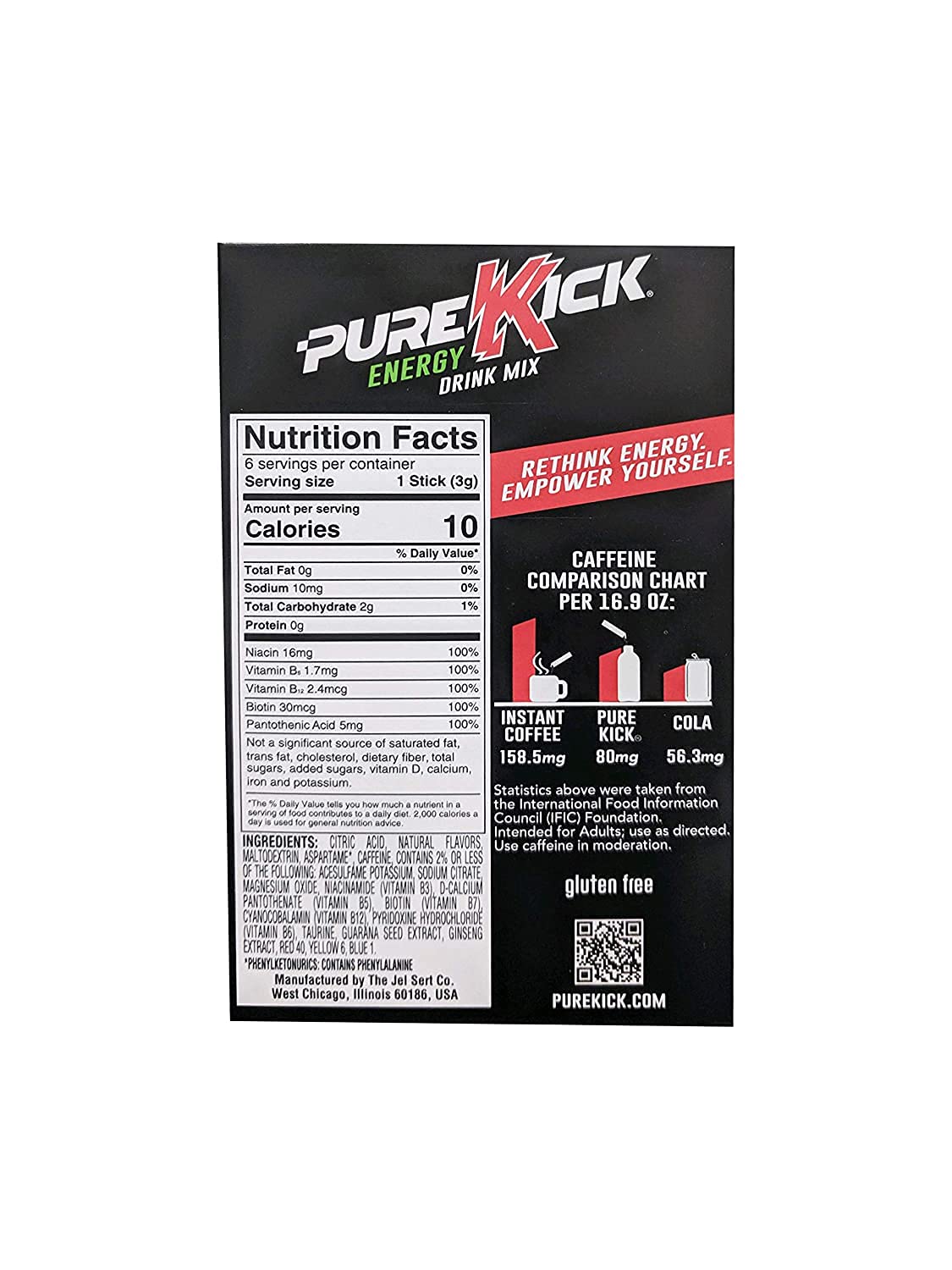 Pure Kick Energy Drink Mix - Sugar-Free, 10Piece Packet Naturally Flavored Energy Supplement with 5 B Vitamins & 80 Mg of Caffeine, Blood Orange