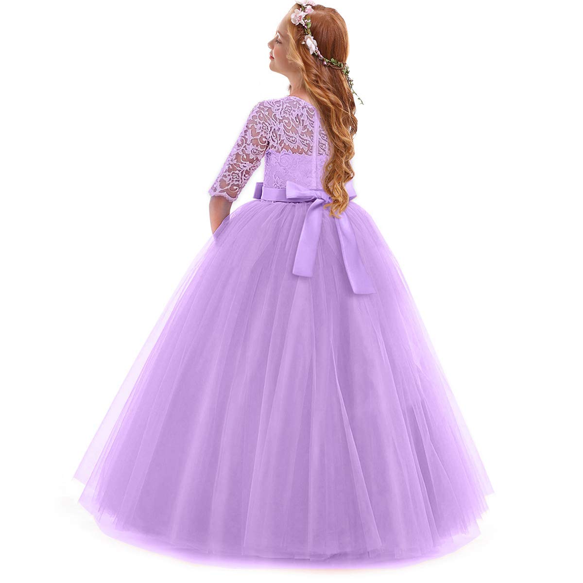 IWEMEK Flower Girls 3/4 Sleeve Floral Lace Tulle First Communion Pageant Dresses Kids Big Girls Princess Birthday Carnival Christmas Bridesmaid Wedding Party Prom Ball Gown 2-14 Years — view 2