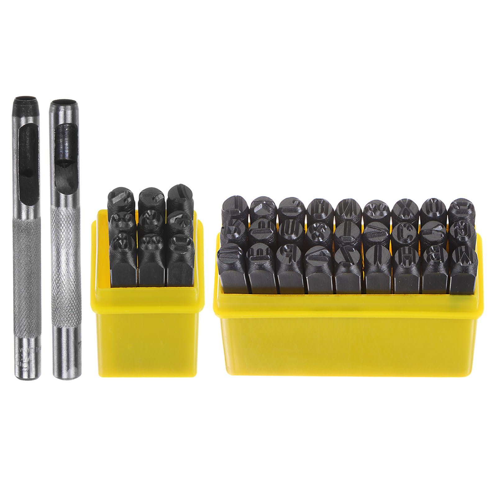 HARFINGTON 36pcs Metal Stamping Kit 1/4" (6mm) (A-Z, 0-8, "&" Symbol) Steel Letter Punch Press Tool with Hole Punch to Stamp on Metal, Plastic, Wood,