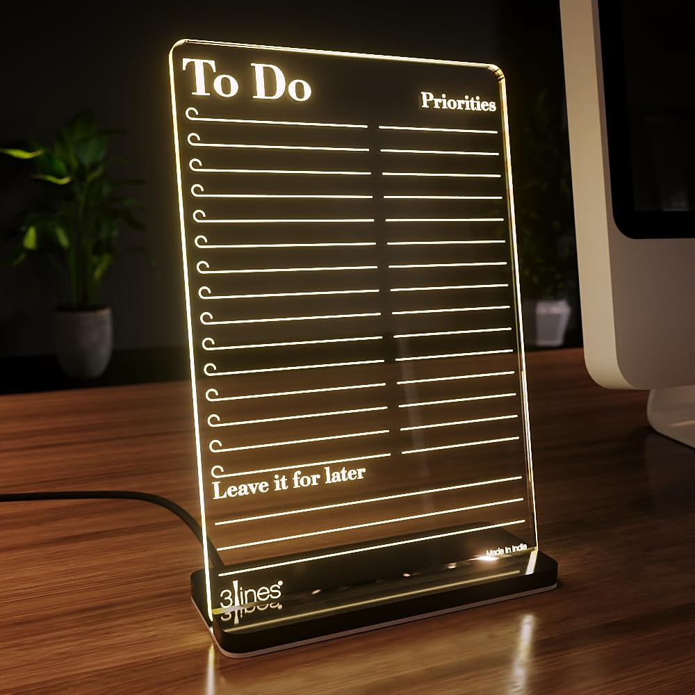 Glowrite Illuminate Your Ideas! Acrylic LED Writing Board with USB Stand/Base | Ideal for Home & Office | Unique Gift | Made In India | With 2 Markers | To Do Priorities | Regular