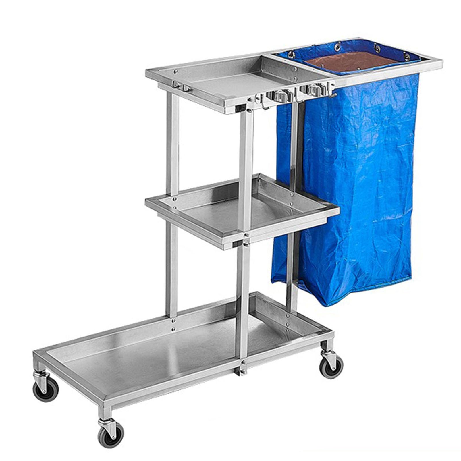 JNTFNE Janitorial Cart, Stainless Steel Cleaning Trolley with 360° Rotating Wheels, Mop Rack and Organizer for Hotels, Offices, Shopping Malls