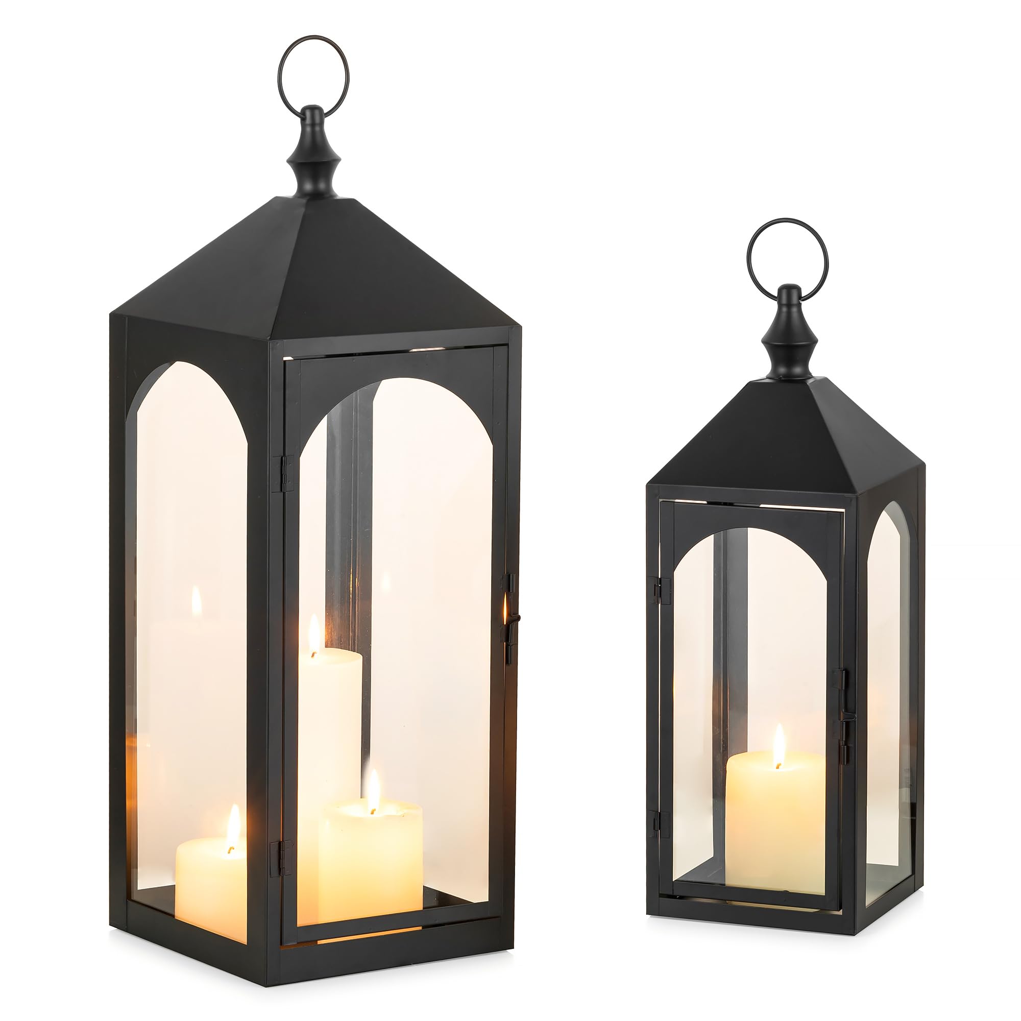 Groß Laternen für Draußen Wetterfest: 2er Set 43/59 cm XXL Windlicht Outdoor als Balkon Garten Deko schwarz Gartenlaterne Kerzenhalter mit Glas