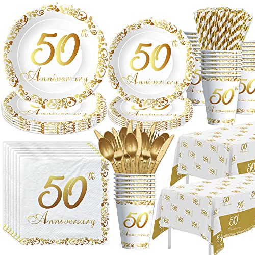 APOWBLS 50th Anniversary Decorations And Supplies Tableware - Golden 50 Year Wedding Anniversary Decorations, Party Plate, Cup, Napkin, Tablecloth, Cutlery, Paper Straw | Serve 24