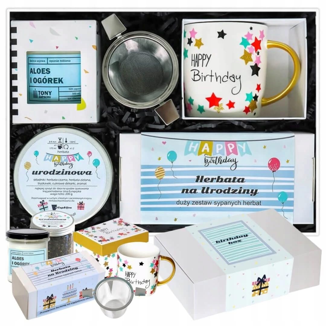 Birthdaybox HERBACIANE PARTY urodzinowy zestaw prezentowy - herbaty kubek zaparzacz świeca sojowa - prezent upominek na 20 30 40 50 60 urodziny dla kobiety faceta