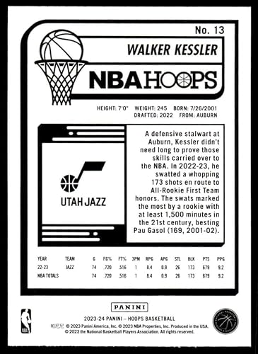 Miniatura 2 de 2023-24 PANINI HOOPS #13 WALKER KESSLER UTAH JAZZ BASKETBALL OFFICIAL TRADING CARD OF NBA