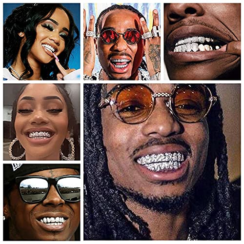 HH BLING EMPIRE Iced Out Diamond Teeth Grillz for Men Women, Hip Hop Silver Grills for your teeth Top and Bottom, Rapper Costume Mouth Grillz with Silicone Molding Bars2
