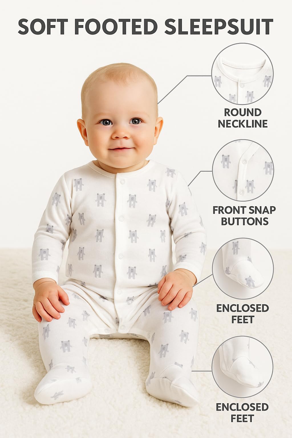 TuddyBuddy 100% Cotton Footed Romper Sleepsuit for Baby (0 Months-3 Months, Pack of 2 - White Stripes & White Teddy) - Image 5 thumbnail