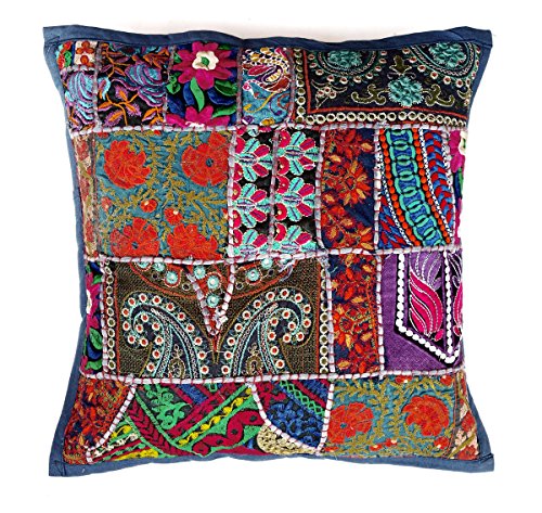 Rastogi Handicrafts Almohada de cojín de retazos hecha a mano, con parche de sari, fundas de almohada étnicas indias, funda de cojín bordada de sari (azul oscuro) Cover