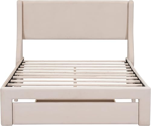 Miniatura 4 de Base de cama de plataforma con cabecera tapizada de terciopelo, soporte de listones de madera con un cajón grande, estilo moderno, base de colchón