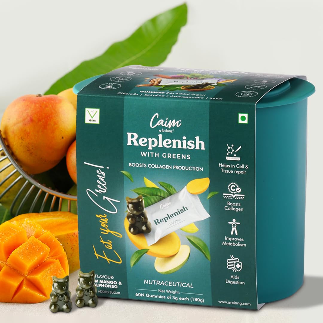 Caim by årelang Replenish with Greens | Collagen Supplement for Skin, Hair & Joints | Vegan, Plant-Based, Sugar-Free | Made with 100% Apple Juice Concentrate| 60 Gummies | 180g