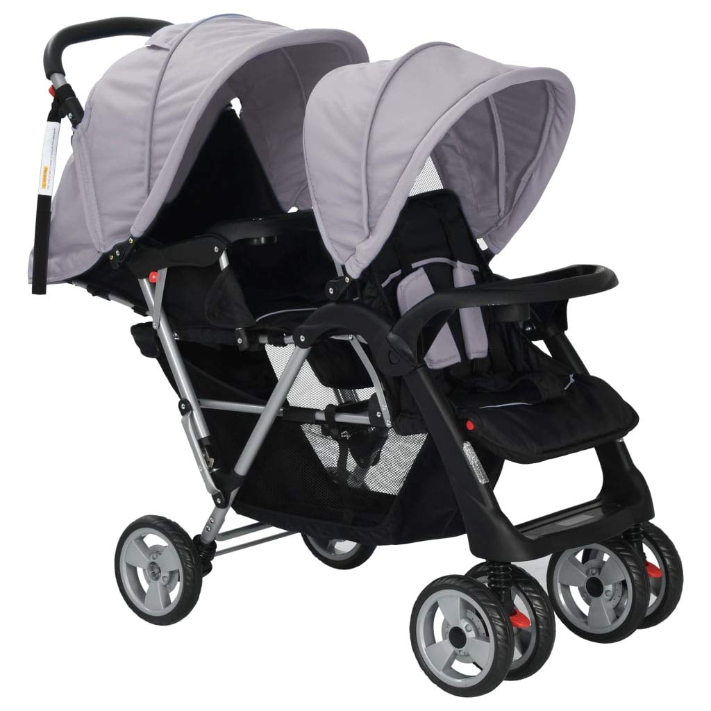 Kavolet Passeggino gemello, gemello, passeggino tandem per 2 bambini, passeggino da viaggio, passeggino 2 in 1, grigio e nero, 122,5 x 53,5 x 111 cm, in acciaio