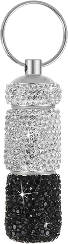 Pastillero de viaje portátil con diamantes de imitación, impermeable, con llavero, bonita caja de almacenamiento de pastillas para acampar al aire