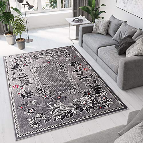 TAPISO Dream Teppich Wohnzimmer Kurzflor Grau Rot Creme Schwarz Floral Blumen Blätter Karo Bordüre...