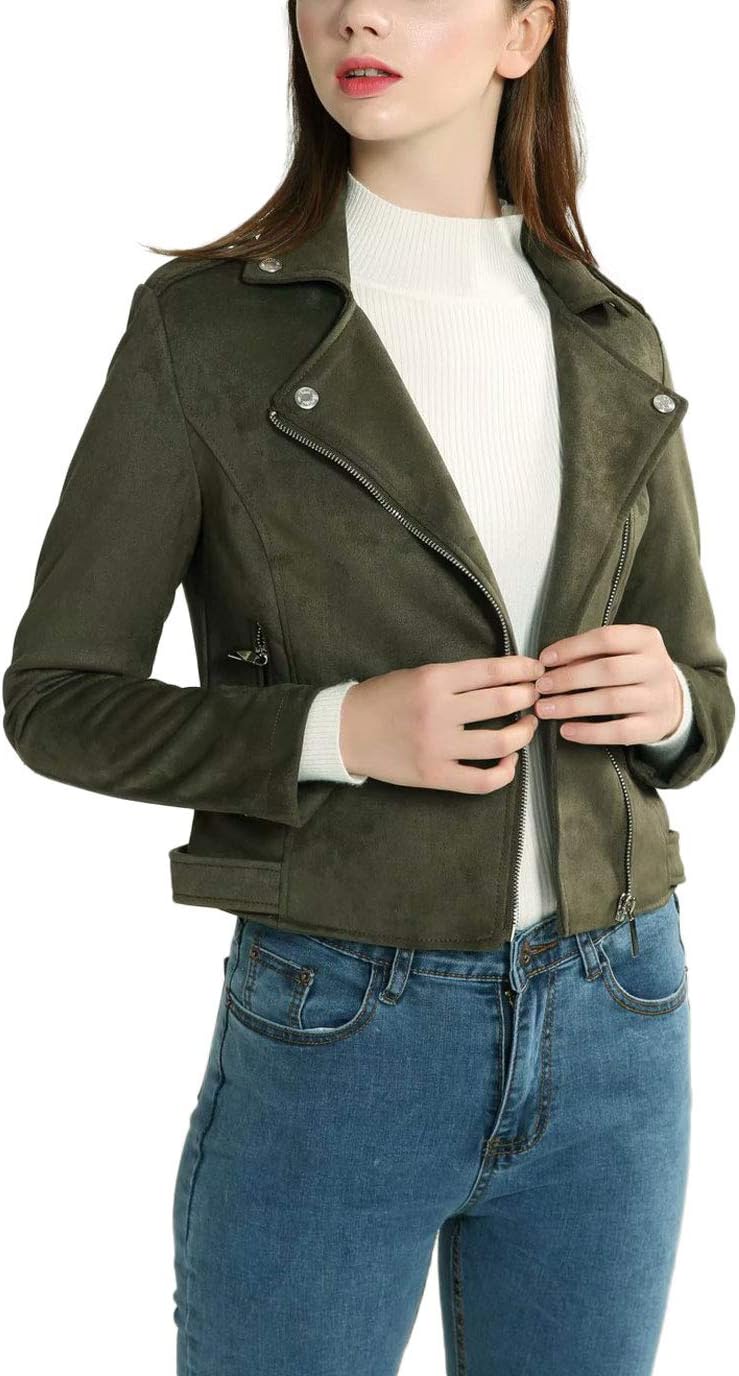 CHARTOU Women's Fall 2023 Fashion Faux Suede Leather Casual Moto Biker Jacket Coats (X-Small, Army Green) - Image 2