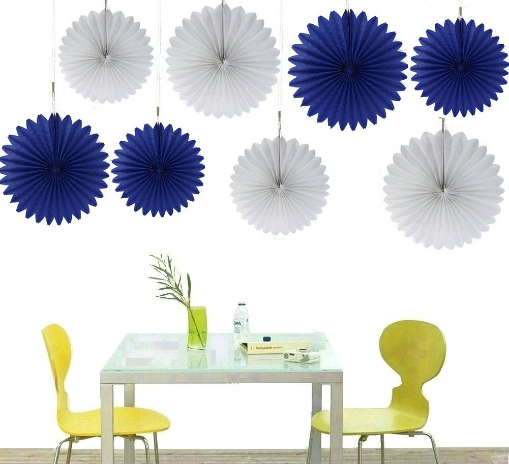 Zorpia® Tissue Paper Fan Collection - 8 Assorted Fans (White Royal Blue Party)