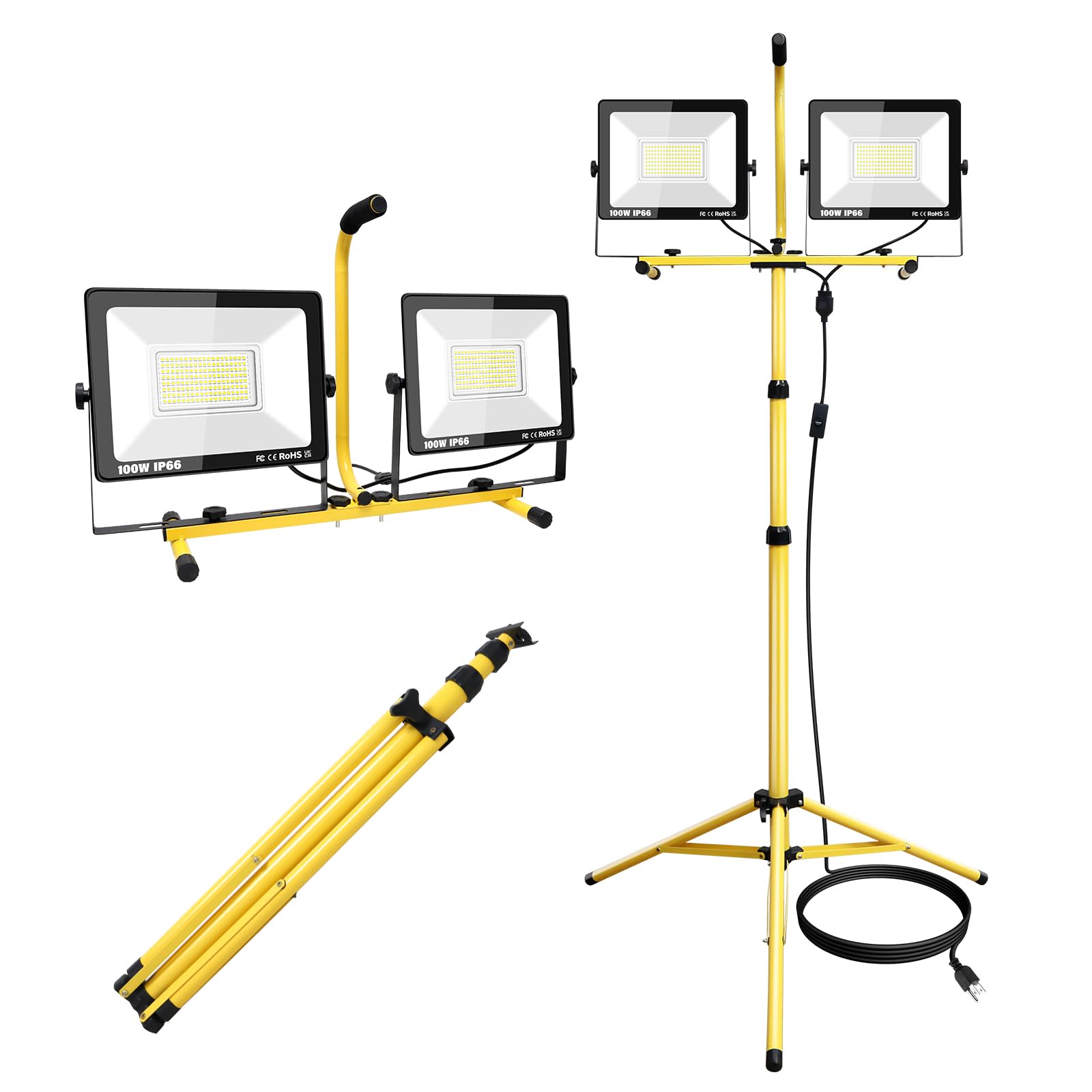 Willpower Doppio Faretto LED da Cantiere su Treppiede 200W 20000LM Proiettore LED con Cavo 3m Impermeabile IP65 Faro da Lavoro LED Luce Bianca 6000K per Esterni Interni Feste Barbeque Garage Giardino