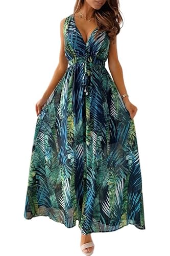 Joligiao Women's Green Floral Print Sleeveless V-Neck Maxi Dress XXL