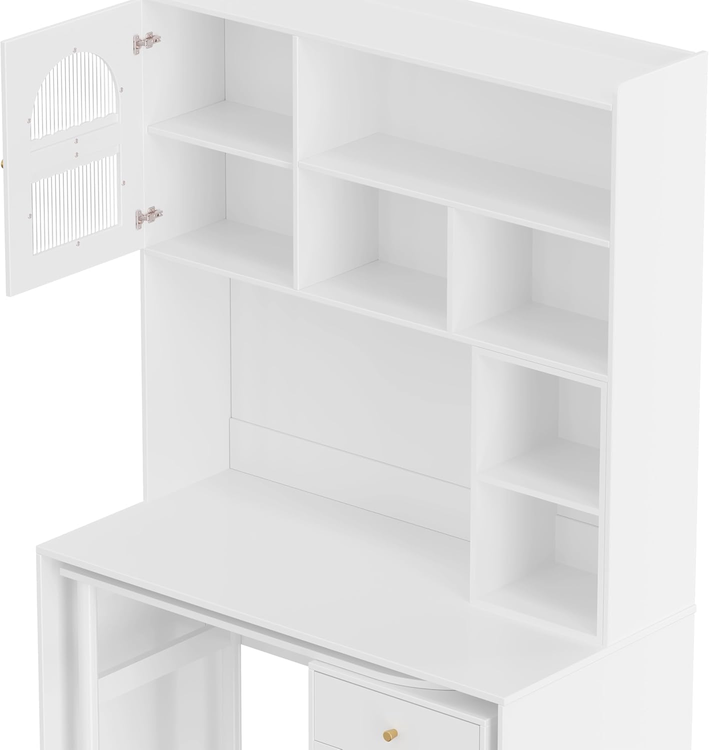 Merax Computer Desk with 90 Degree Rotating Desktop, L Shaped Office Desk with Storage Drawer and Cabinets, Writing Desk with Shelves for Study, Work Desk for Office Bedroom Living Room, White