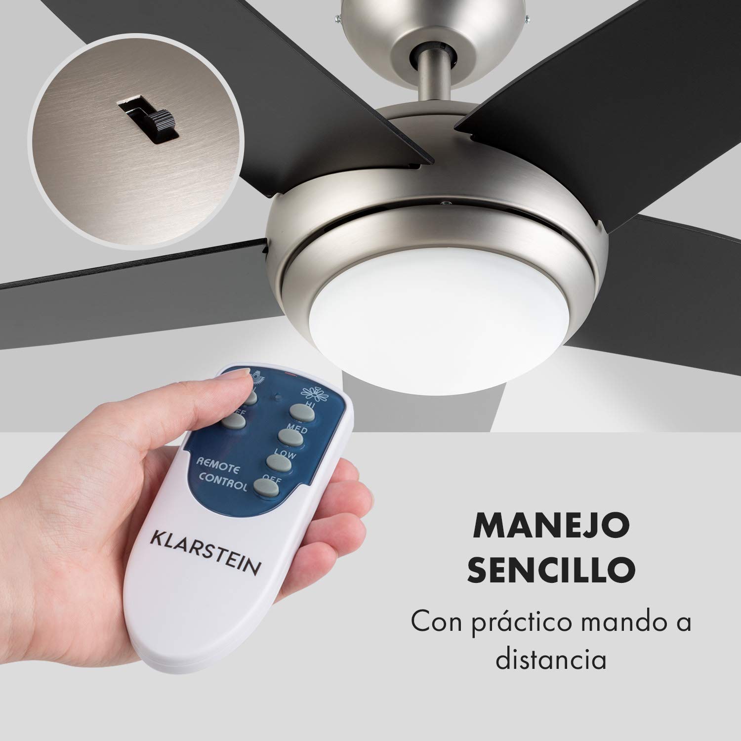 KLARSTEIN Bolero – 2 en 1, ventilador de techo, 134 cm, lámpara de 55 W, aspas de madera, mando a distancia, Negro