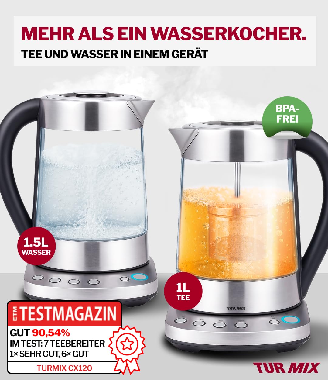 TURMIX 2in1 Teekocher elektrisch mit Wasserkocher Glas 2200W 1,5L Silber, Temperatureinstellung 70–100°C, Mit Manuell Absenkbar und Anhebbar Teesieb, 1 stunde Warmhaltefunktion