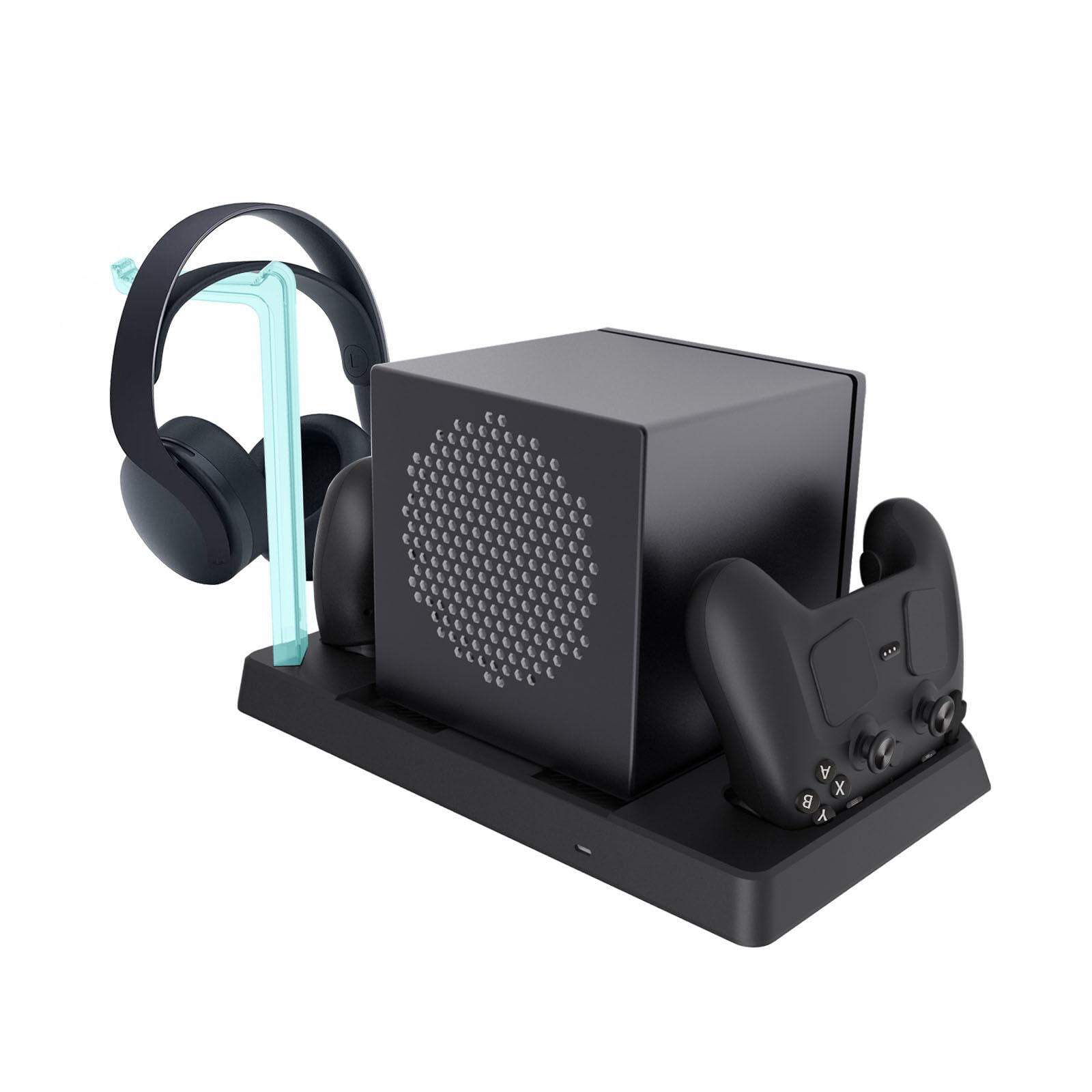 Base de carga para máquina de vapor con ventilador de refrigeración de 3 velocidades, luces RGB, 2 cargadores de controlador, hub USB, soporte para auriculares