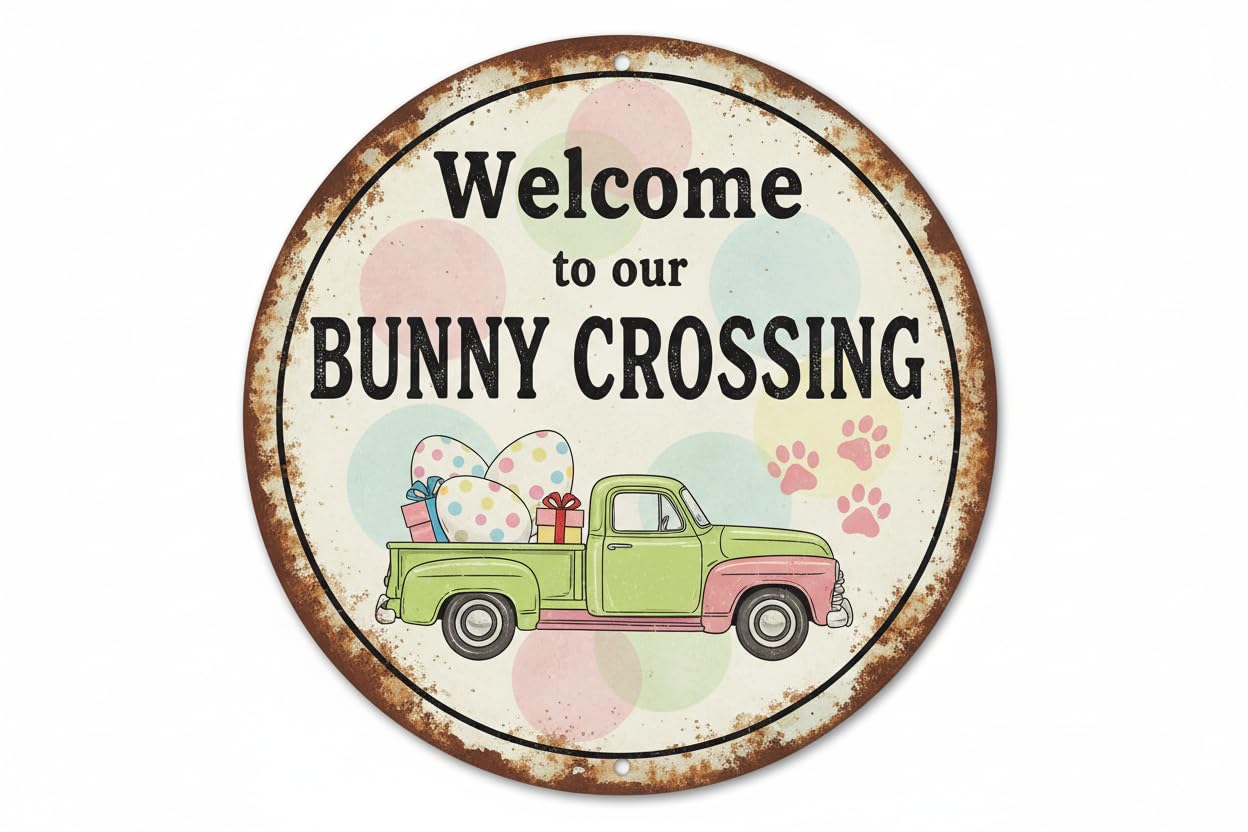 Vintage Welcome To Our Bunny Crossing Tin Sign Retro Spring Decor for Home Office Bar Cafe 12x12inch